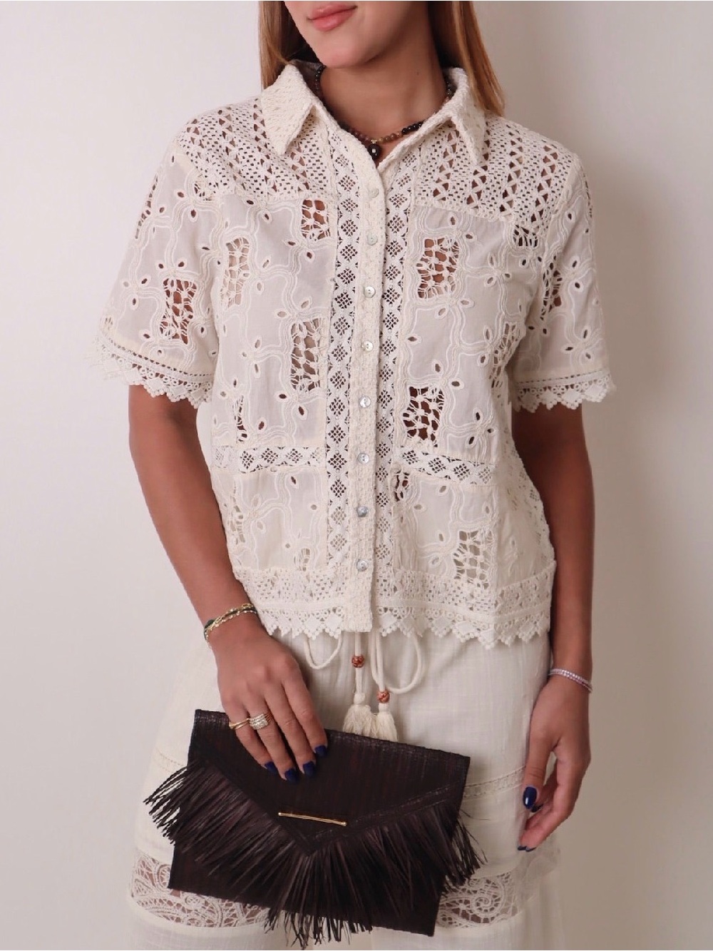 Women's Crochet Lace Button-Front Top - Cream